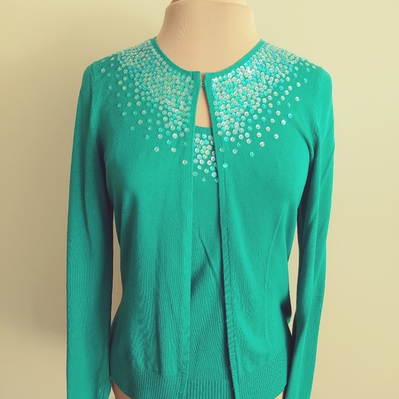 EUC Gap Twinset Sweater Set L Emerald Green Sequins - Picture 1 of 10